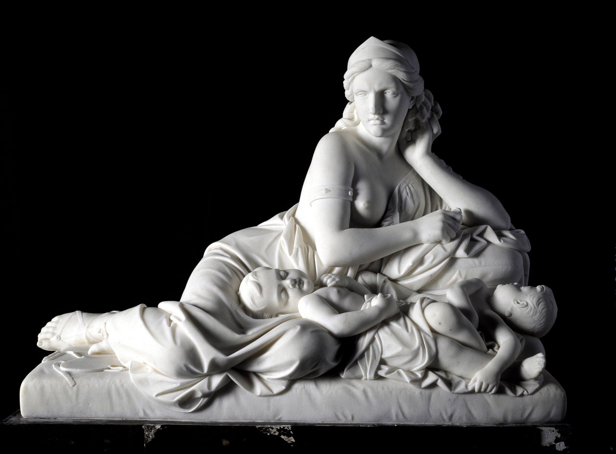 Medee funderar på att döda sina barn Marmorskulptur av Tommaso Solari (1820-1897) 1863. Dim. 60x80x38 cm Från Prince Odone di savoias samling. Genes, Art Gallery Moderna, inv. 744 av Tommaso Solari