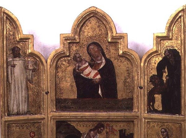 Madonna och barn med St. Benedict och St. Hieronymus, övre halvan av triptyk (se även 78652) av Tommaso da Modena Barisino or Rabisino