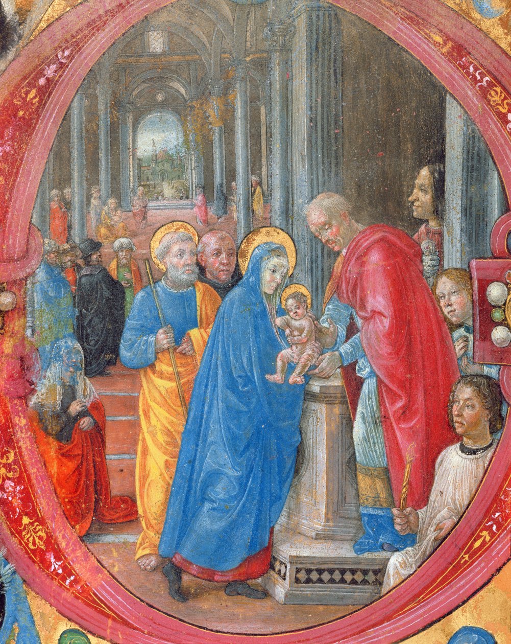 Corale B 26 c.113r Historikerad initial C som visar presentationen i templet, med ett porträtt av Lorenzo den magnifika 1449-92 av en kolumn på höger sida velängdetalj från 179198 av Tommaso di Baldassare