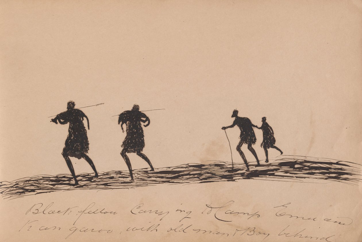 Kwatkwat people - Black fellow carrying to camp emu and kangaroo with old man and boy behind-Sketchbook of Aboriginal ... av Tommy McRae