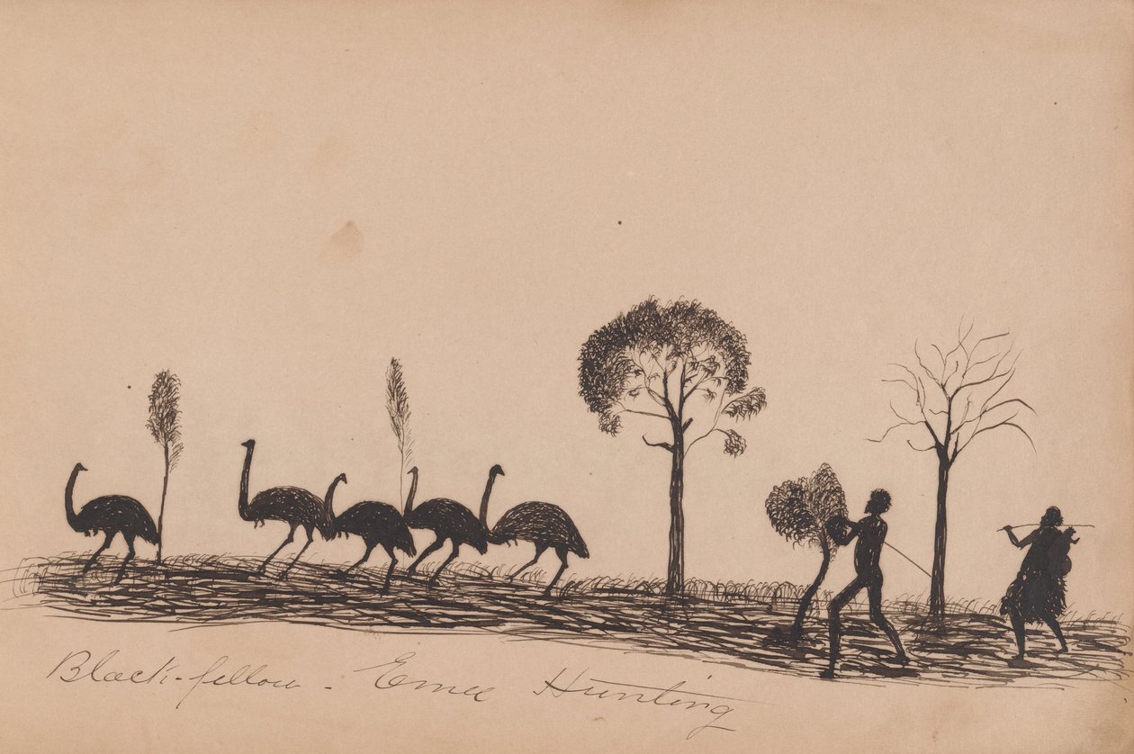 Kwatkwat people - Black fellow emu hunting-Sketchbook of Aboriginal activities av Tommy McRae