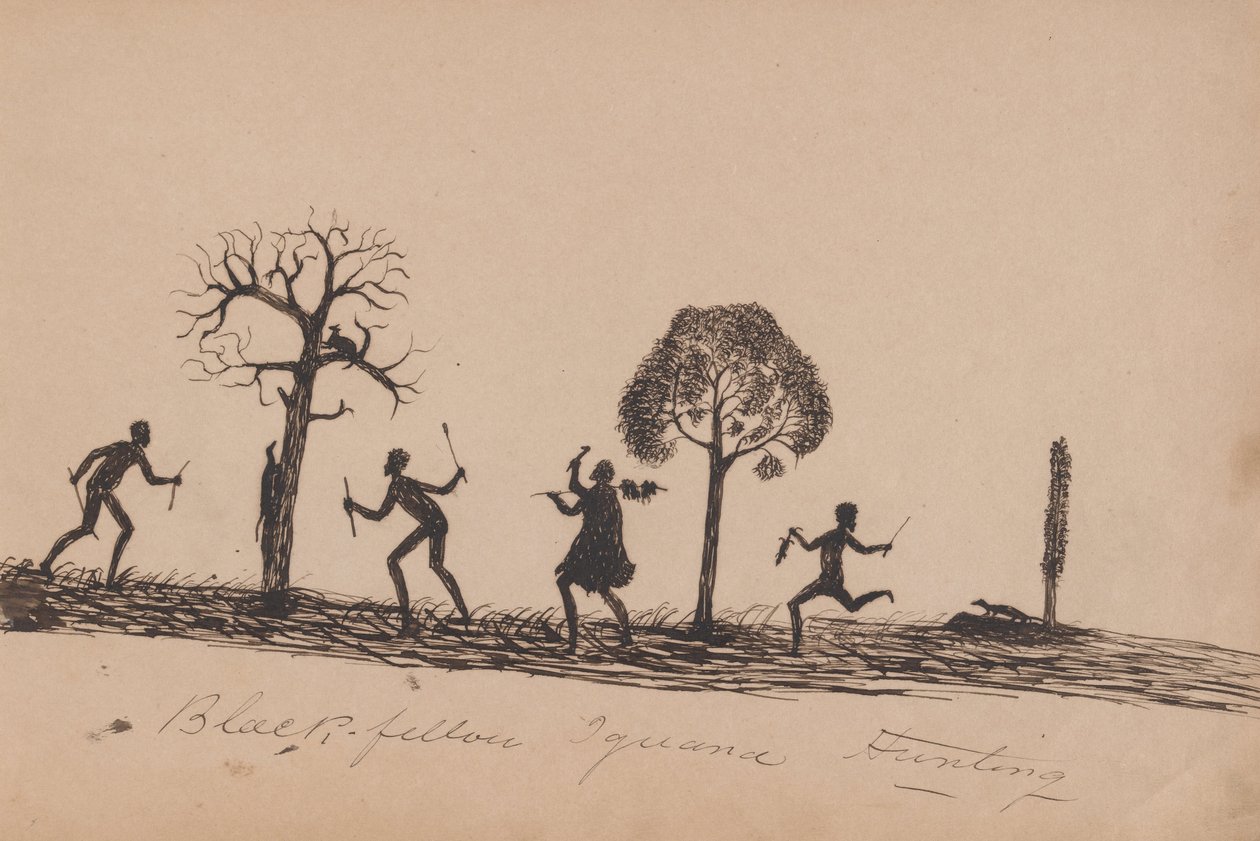 Kwatkwat people - Black fellow iguana hunting-Sketchbook of Aboriginal activities av Tommy McRae