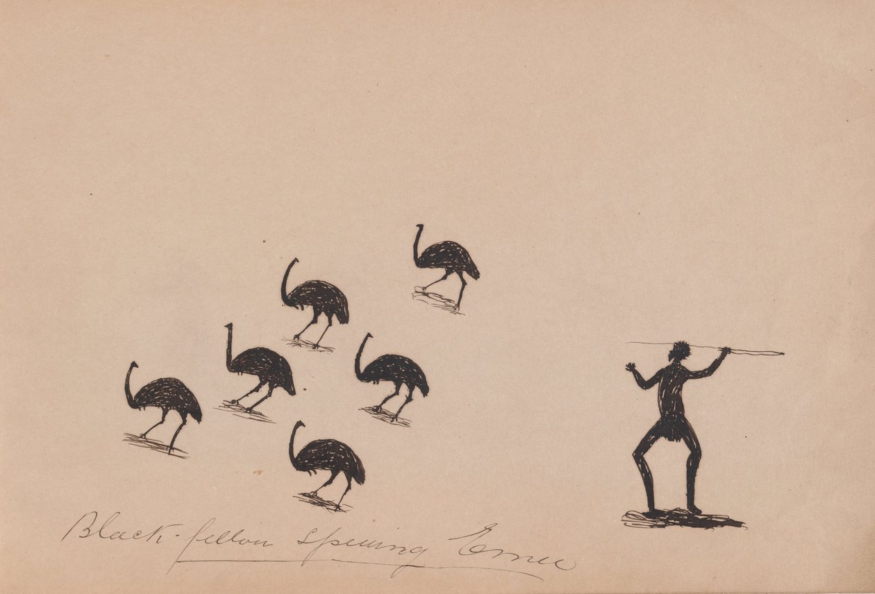 Kwatkwat people - Black fellow spearing emu-Sketchbook of Aboriginal activities av Tommy McRae