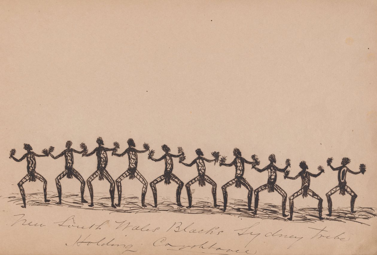 Kwatkwat people - New South Wales Blacks - Sydney tribe holding corroboree-Sketchbook of Aboriginal activities av Tommy McRae