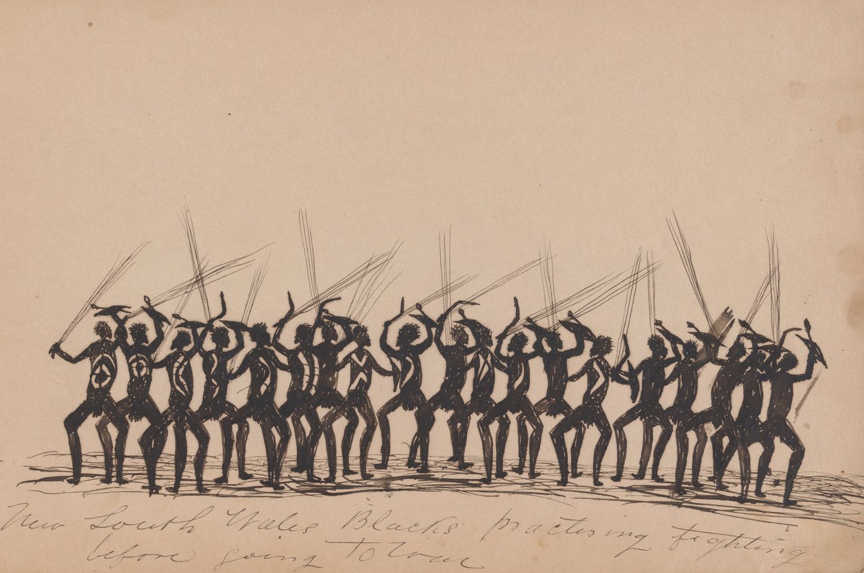 Kwatkwat people - New South Wales Blacks practising fighting before going to war-Sketchbook of Aboriginal activities av Tommy McRae