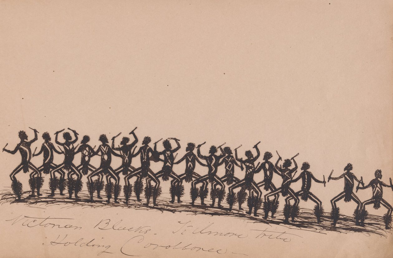 Kwatkwat people - Victorian Blacks - Kilmore tribe holding corroboree-Sketchbook of Aboriginal activities av Tommy McRae