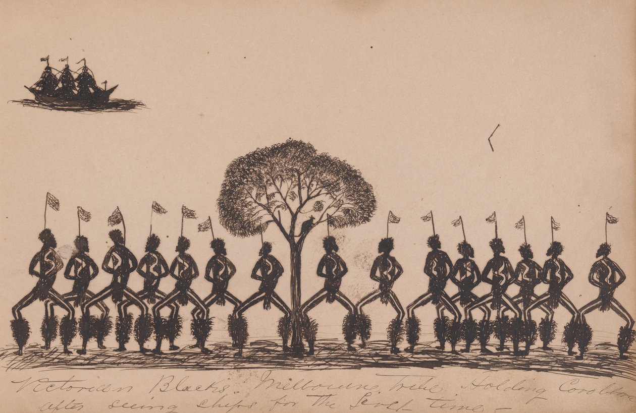 Kwatkwat people - Victorian Blacks - Melbourne tribe holding corroboree after seeing ships for the first time-Sketchbo... av Tommy McRae