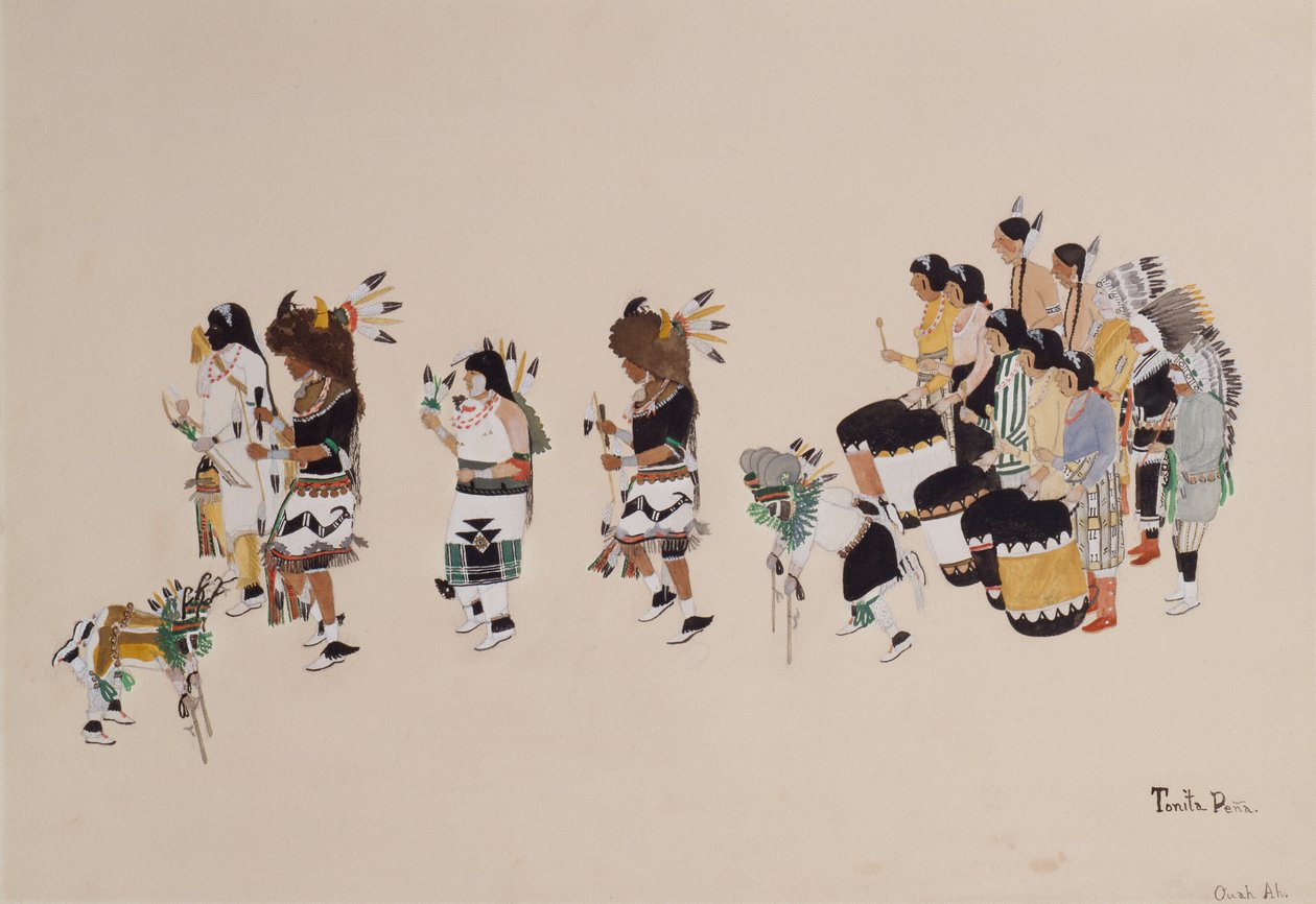 Buffalo Dance Chorus, ca 1930-39 (tempera ombord) av Tonita Peña