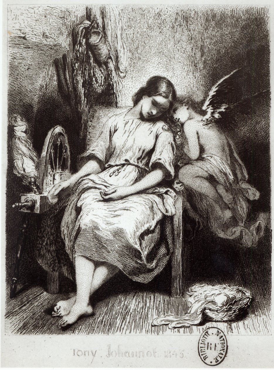 En ung kvinna som slumrar med en ängel, illustration från 