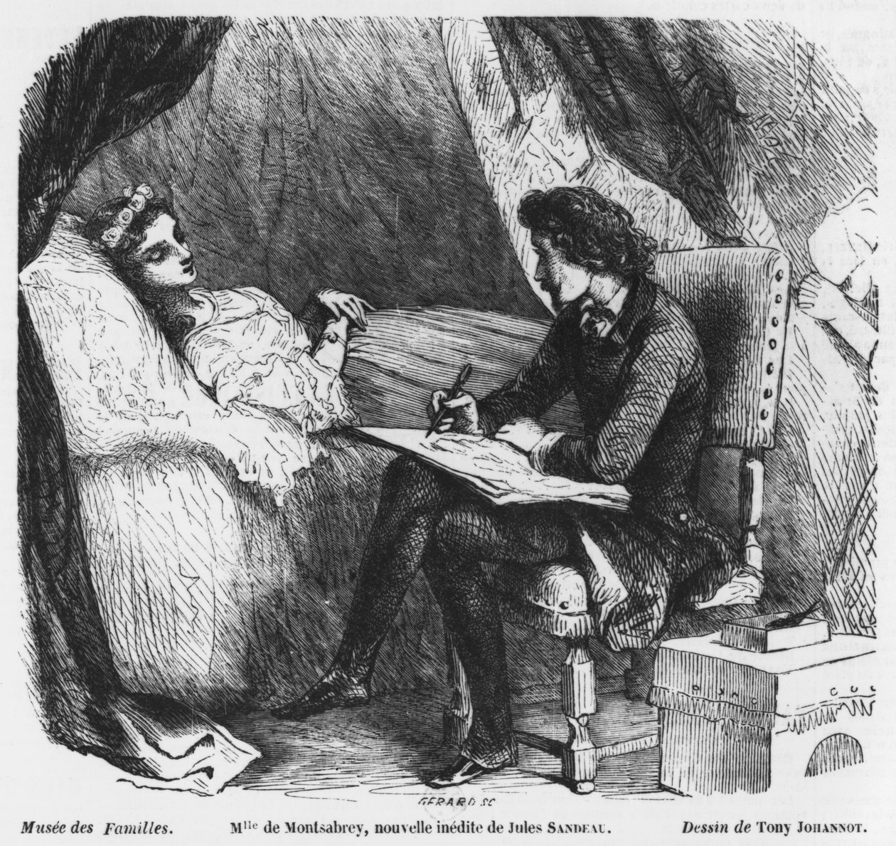 Ritning av ett gravporträtt, illustration från "Mademoiselle de Montsabrey" av Jules Sandeau (1811-83) graverad av Gerard av Tony Johannot