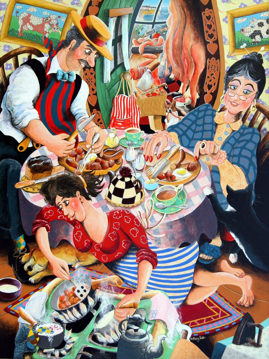 Mr. Beynon slaktaren hans fru Mrs Beynon och Lilly the treasure, 2005 (akryl på panel) av Tony Todd