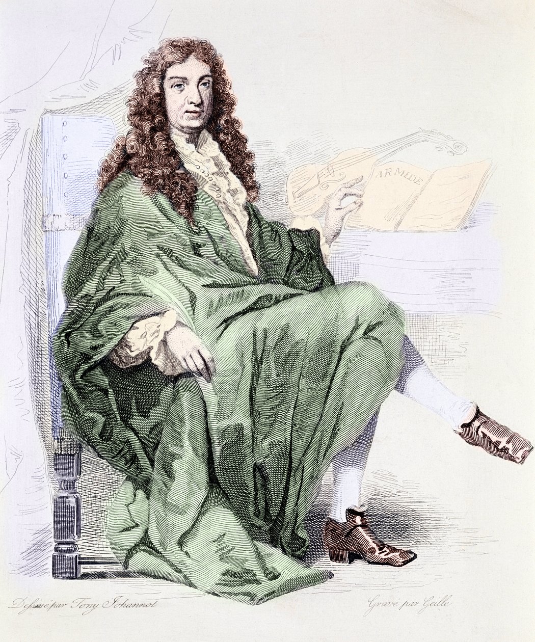 Porträtt av Giovanni Battista Lulli eller Jean-Baptiste Lully (1632-1687) kompositör vid kung Ludvig XIV:s hov - Gravyr (Porträtt av kompositören Jean Baptiste Lully) Privat samling av Tony (after) Johannot