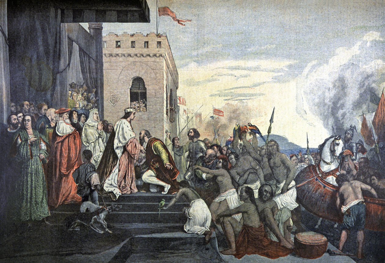 Mottagning av Christopher Columbus av det spanska hovet i Barcelona av Tony (after) Robert Fleury
