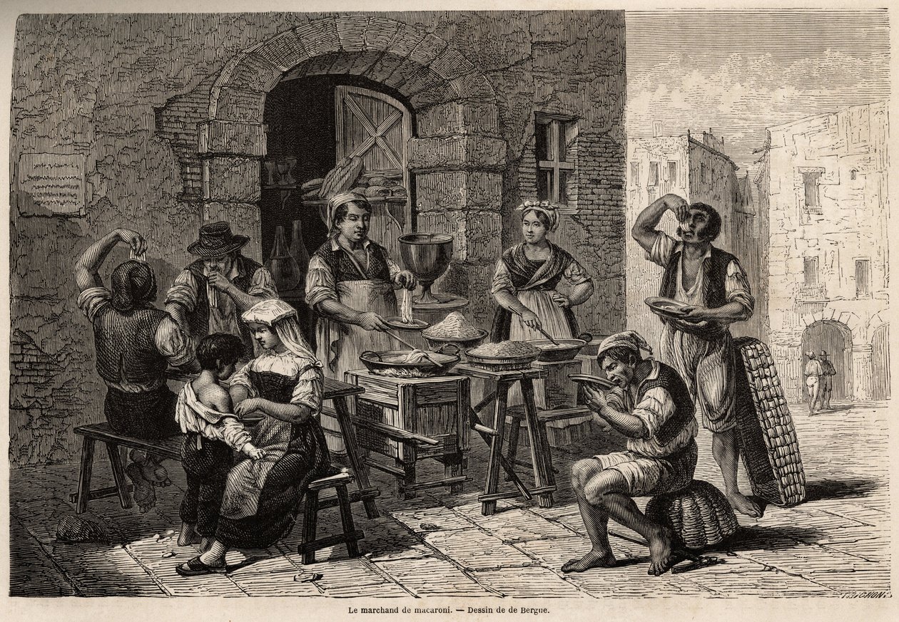 Makaronhandlaren, teckning av Bergue, för att illustrera Neapel och napolitanerna, 1861, av Marc Monnier (1829-1885). Gravyr i ”” Le tour du monde”” 1861. Selvas samling. av Tony Francois de Bergue