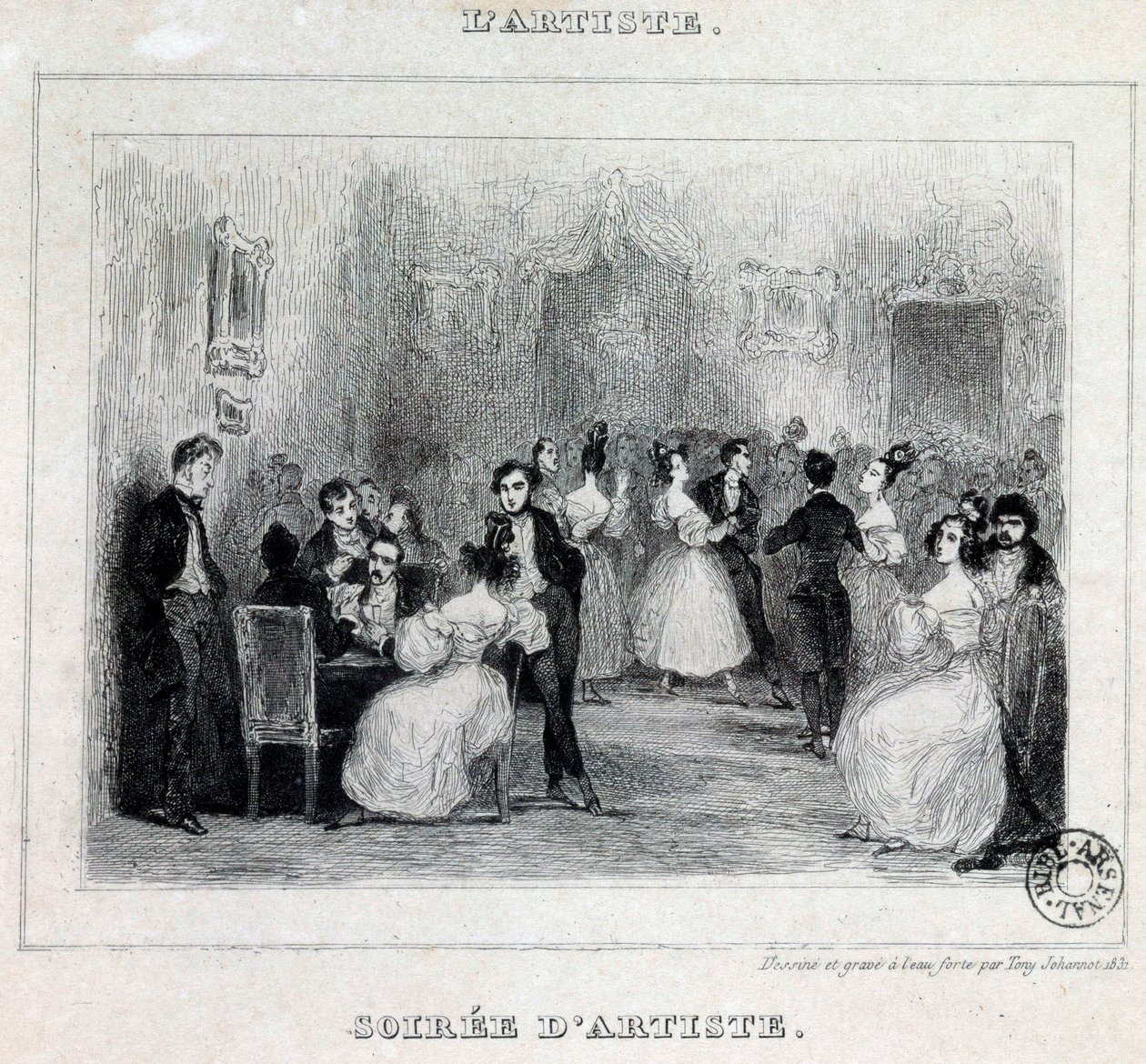 En konstnärskväll: boll och kortspel under en borgerlig kväll Teckning av Antoine Johannot dit Tony Johannot (1803-1852) 1831 Paris, Bibliotheque de l