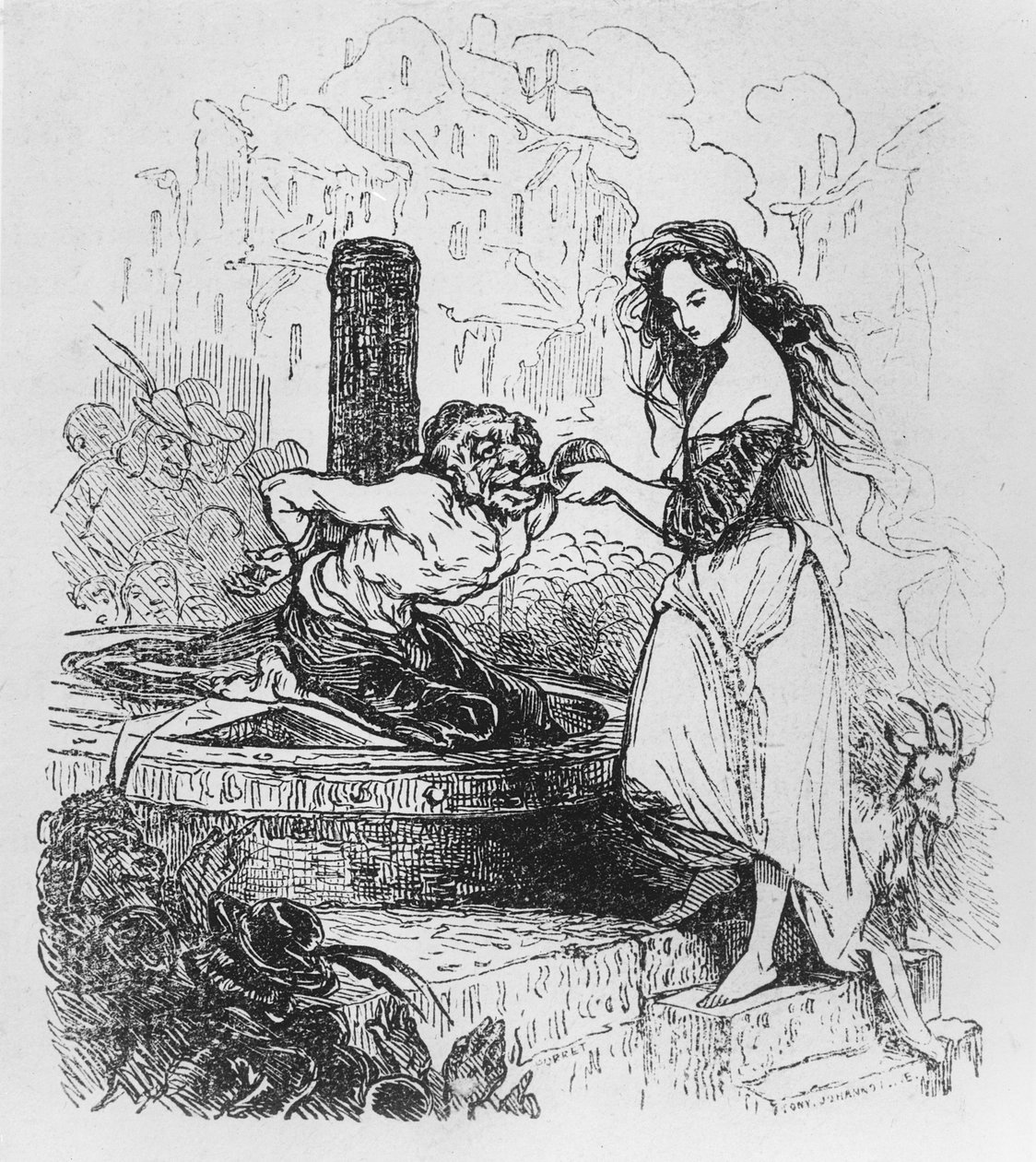 Esmeralda ger Quasimodo en drink, illustration från "The Hunchback of Notre Dame" av Victor Hugo av Tony Johannot