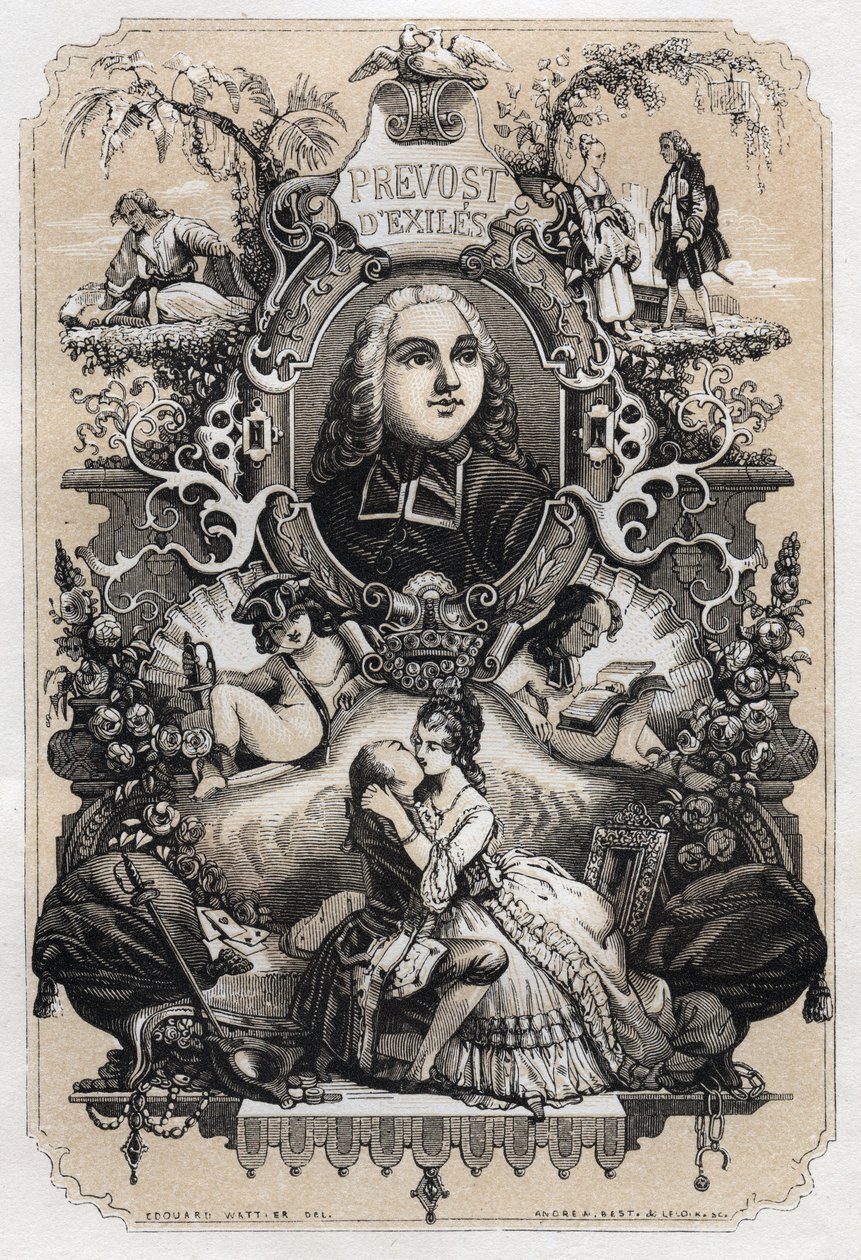 Frontispice av "Histoire de Manon Lescaut et du Chevalier Des Grieux" av Abbe Prevost (Antoine Francois Prevost) (1697-1763) - Upplaga av 1839 illustrerad av Tony Johannot (1803-1852) av Tony Johannot