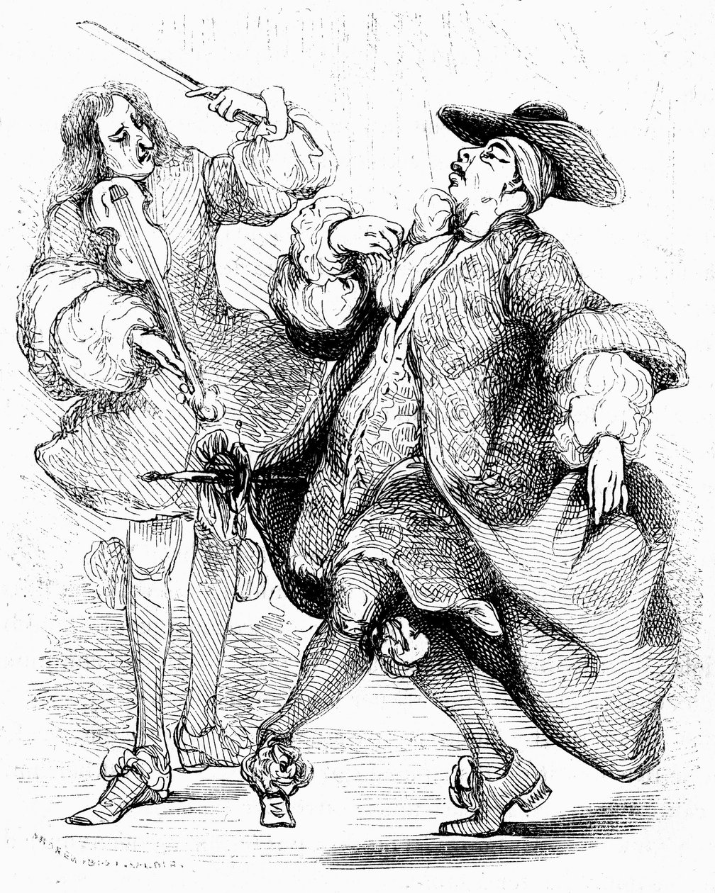 Molière: Den borgerlige gentlemannen, herr Jourdain dansar under ledning av sin musikmästare. Gravyr av Tony Johannot i utgåvan av de fullständiga verken, Paulin 1836. av Tony Johannot