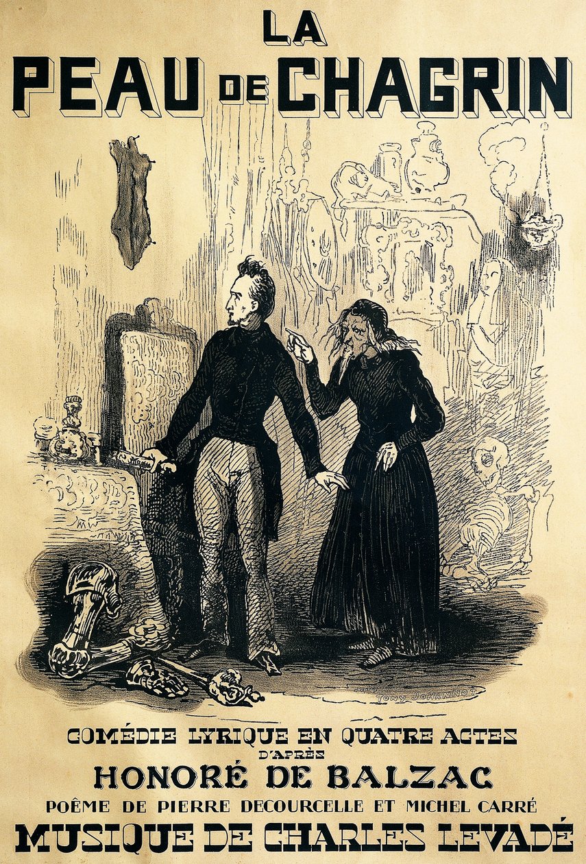 Affisch för Le peau de chagrin, komisk opera, libretto av Pierre Decourcelle och Michel Carre, musik av Charles Levade, från roman av Honore De Balzac, teckning av Tony Johannot av Tony Johannot