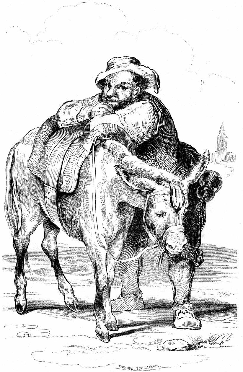 Sancho Panza (Panca), väpnare till Don Quijote (Quijote, Quixote) och hans åsna. Illustration av Cervantes roman utgiven i Frankrike 1845 av Dubochet  Cie, översättning av Louis Viardot, gravyrer av Ony Johannot. av Tony Johannot