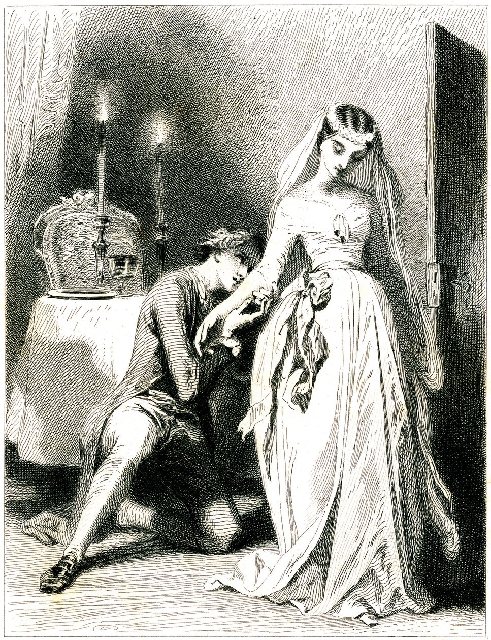 Suckande älskare knäböjer vid fötterna på sin vackra förlovning i en interiör med levande ljus - flicka i romantisk klänning och frisyr - gravyr (etsning 1845) av Tony Johannot (Antoine Johannot dit av Tony Johannot