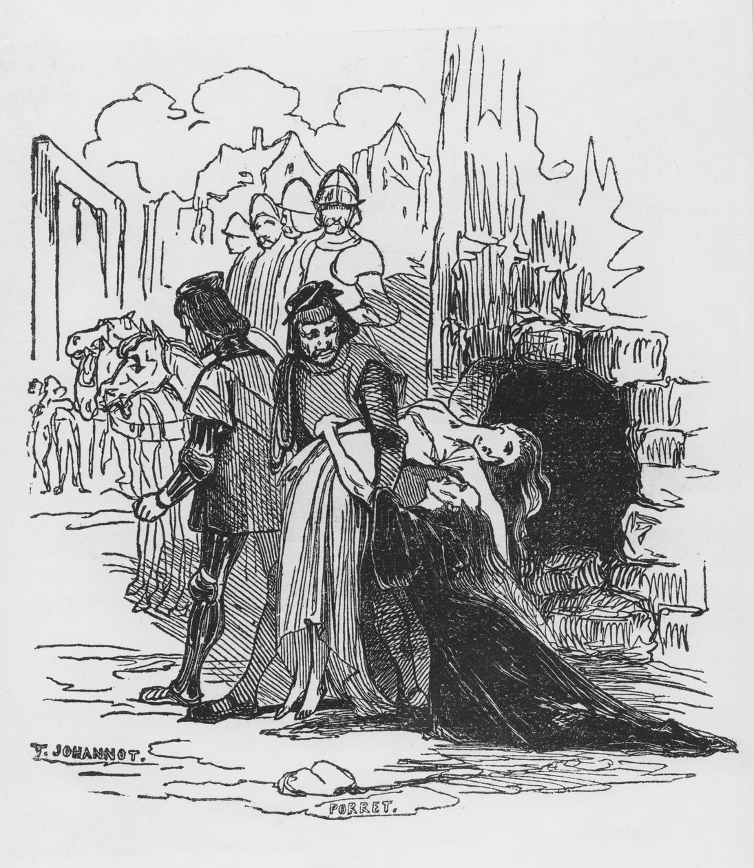 Soldater som släpar bort en kvinnlig fånge, illustration till "Puckelryggen från Notre Dame" av Victor Hugo (1802-85) (xylograf) av Tony Johannot