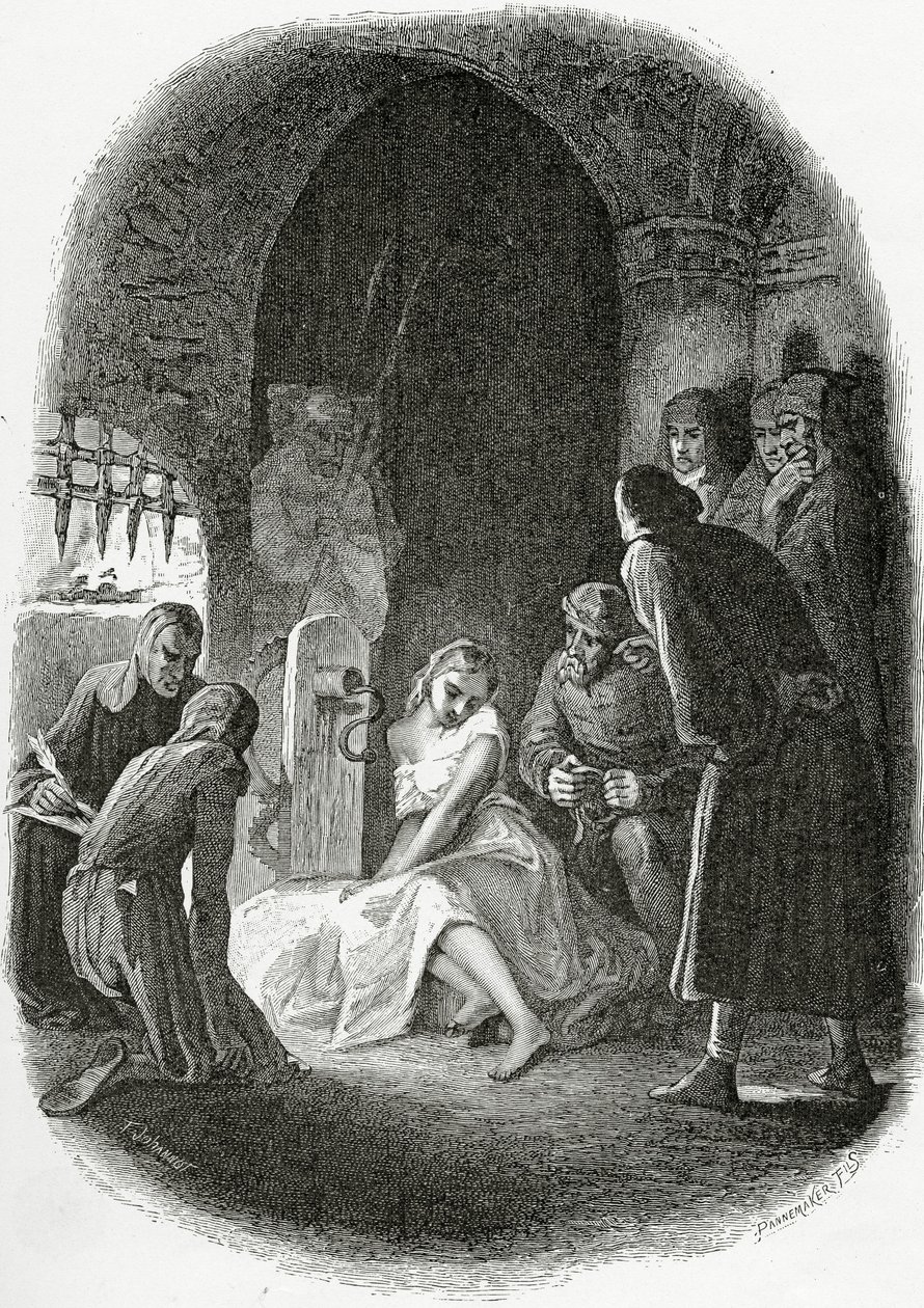 Förhöret av Esmeralda - illustration från Notre Dame de Paris, 1800-talet (bw gravyr) av Tony Johannot