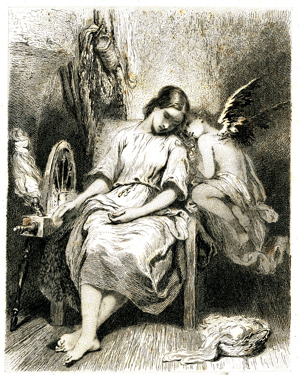 Ung kvinna (spinnare) sover vid sitt hjul - en angelot lutar sig över hennes axel - sömn - dröm - drömmeri - kärlek - gravyr (etsning 1845) av Tony Johannot (Antoine Johannot dit av Tony Johannot