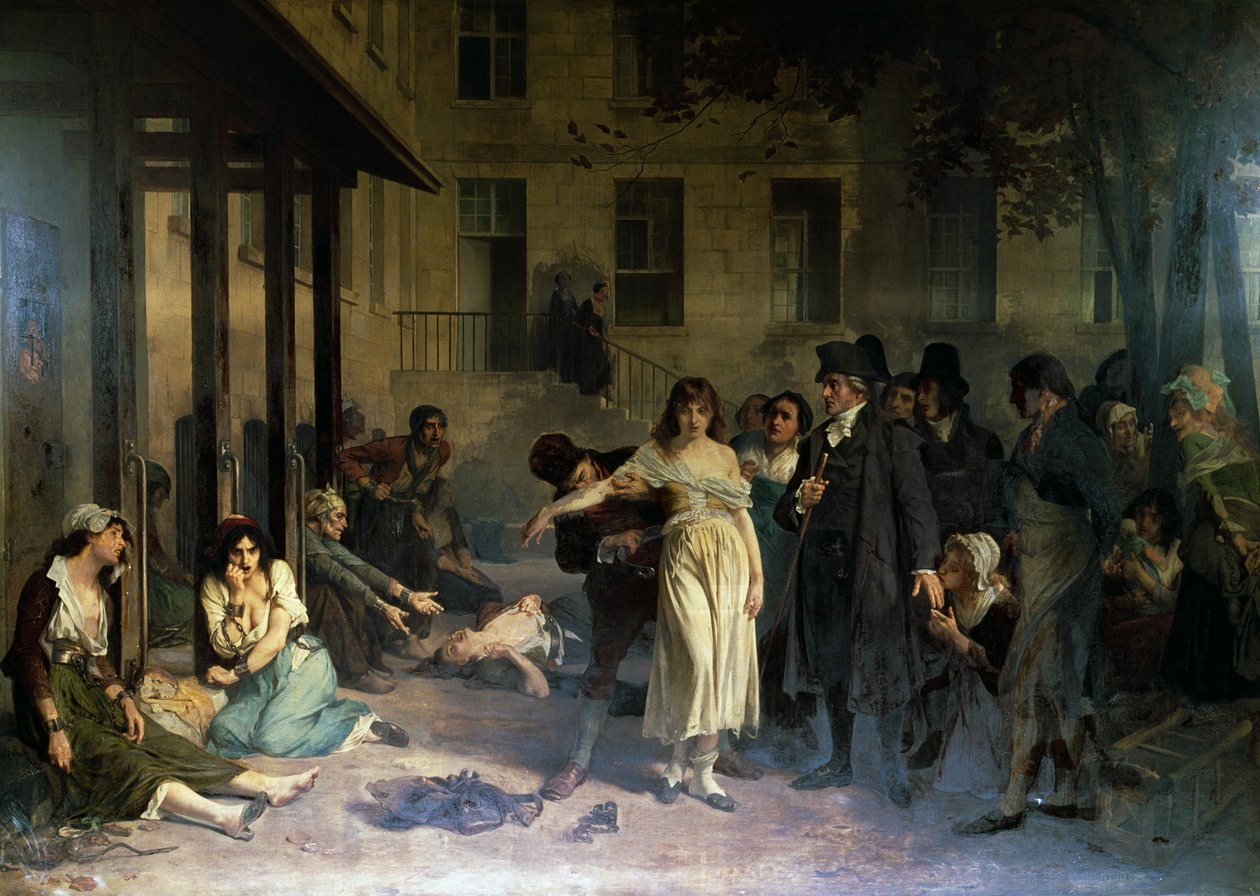 Psykiatern Philippe Pinel (1745-1826) släppte sinnessjuka från sina kedjor på Salpetriere asyl i Paris 1795, målning av Tony Robert-Fleury (1837-1911) av Tony Robert Fleury