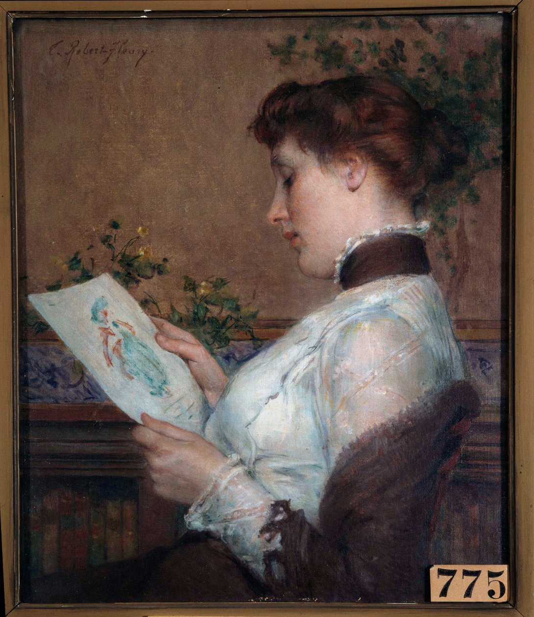 Bilden En kvinna som beundrar en teckning. Målning av Tony Robert Fleury (1837-1912) 1800-talets Orleans, Musee des Beaux Arts av Tony Robert Fleury