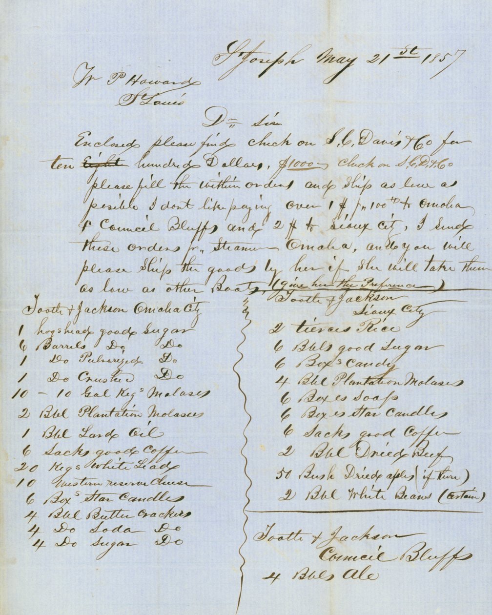 Letter signed Tootle & Jackson, Council Bluffs, to W.P. Howard, St. Louis, May 21, 1857 av Tootle and Jackson