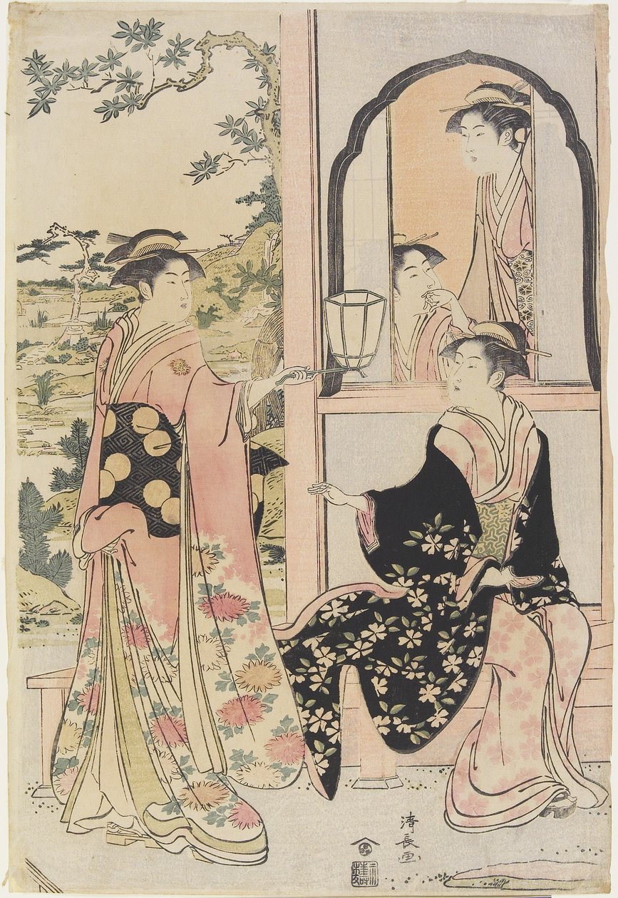 Fyra kvinnor i Mitate som Ushiwaka som ger Jo_-ruri-hime en serenad, 1785 av Torii Kiyonaga