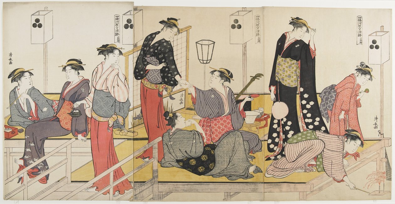 Triptyk om att svalka sig på kvällen vid Shijo_ Riverbank, 1784 av Torii Kiyonaga