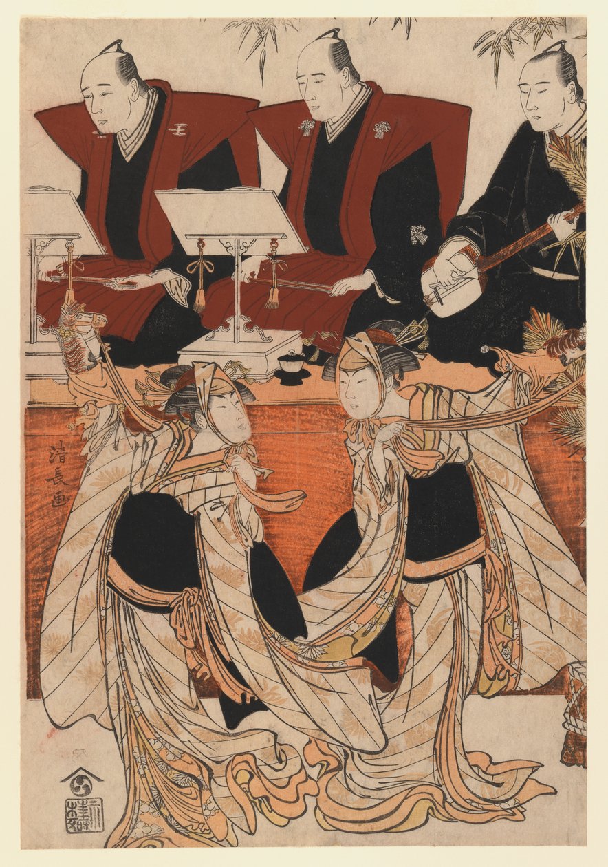 Two actors as Iwai Hanshiro IV and Segawa Kikunojo III in the Karukoma dance, accompanied by Joruri recitation, c.1783 (colour woodblock print) av Torii Kiyonaga