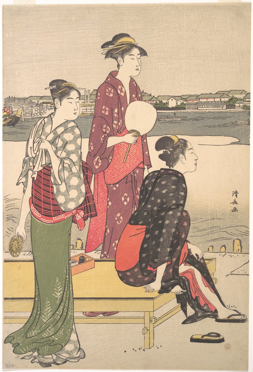 Ukiyo-e fullfärgstryck av tre skönheter av Torii Kiyonaga av Torii Kiyonaga