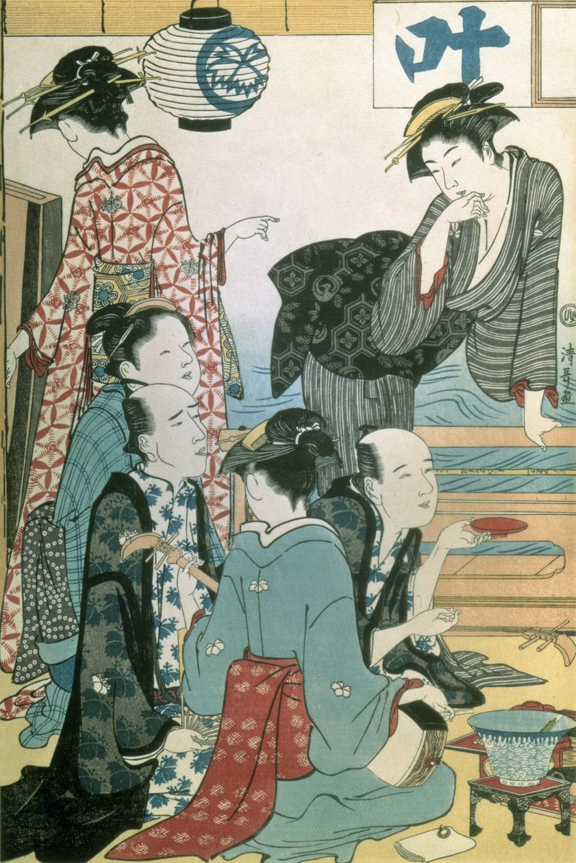Women of the Gay Quarters, vänstra panelen i en diptyk (färgsnitt) (se även 114572) av Torii Kiyonaga