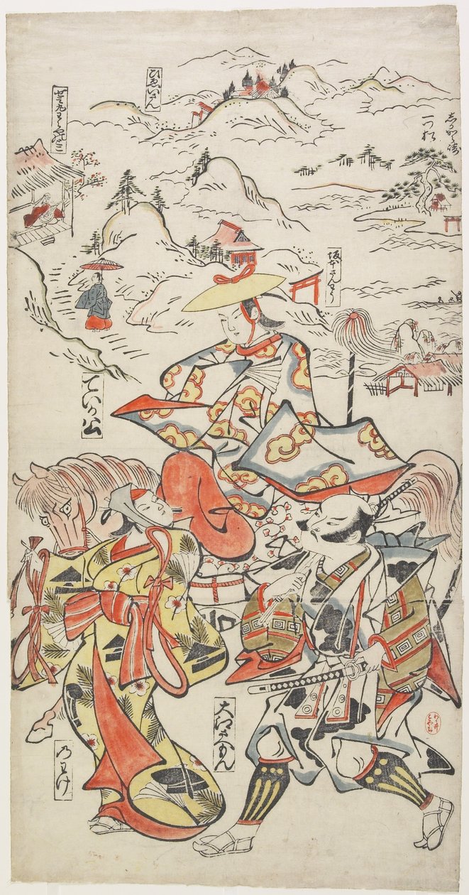 Fujiwara no Teika på hästryggen Ackompanjerad av O_e Saemon och The Woman Nowake, ca. 1710 av Torii Kiyomasu II