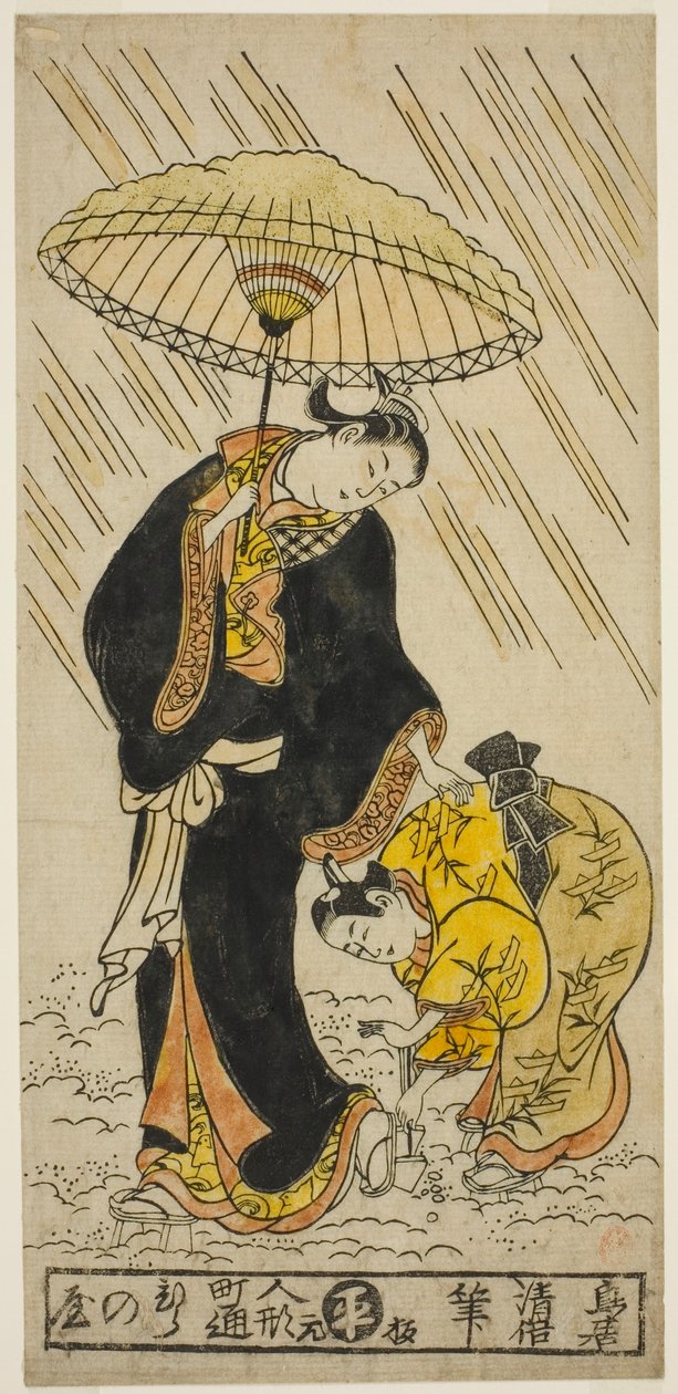 Slår snön från ett par träskor av Torii Kiyomasu II