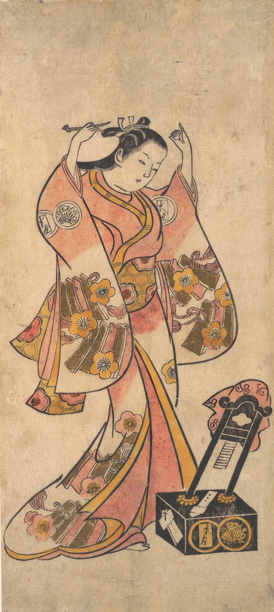 Sanjo Kantaro som en kvinna som arrangerar sitt hår före en lackspegel, före 1763. av Torii Kiyomasu II.