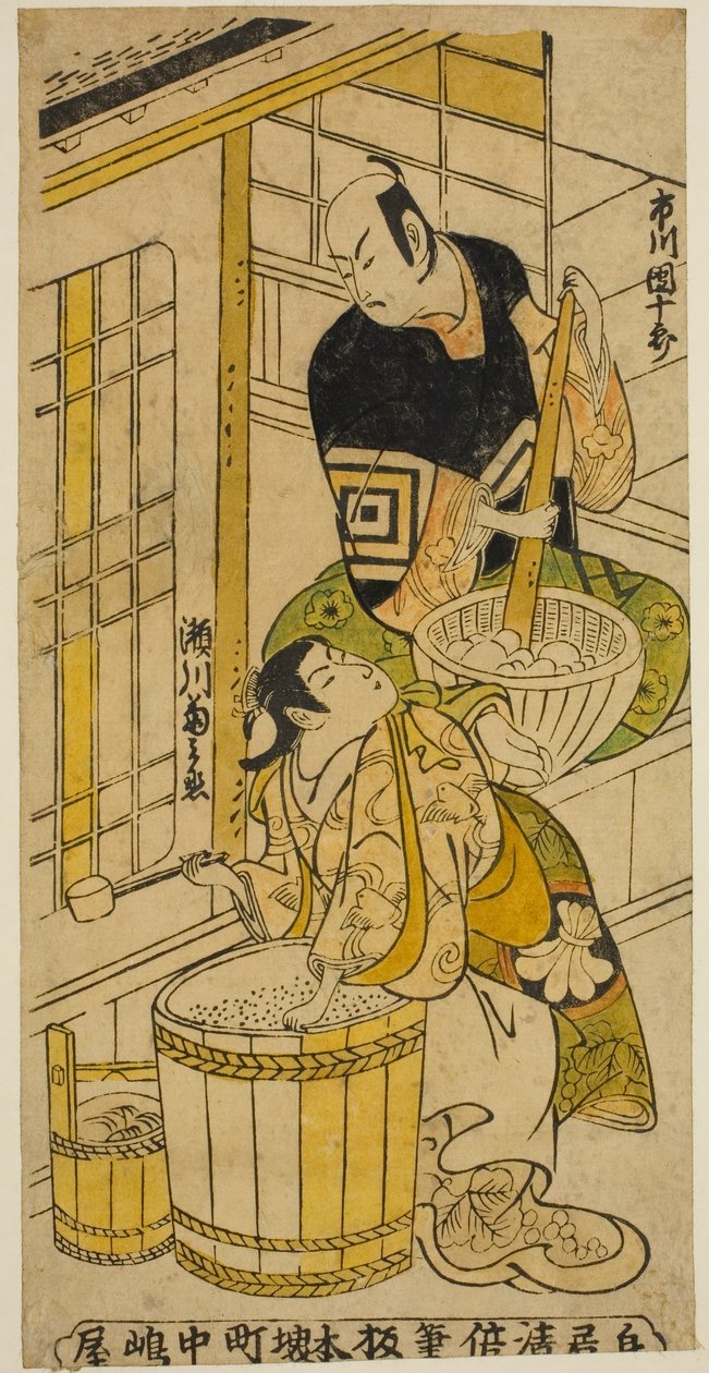 Skådespelaren Ichikawa Danjuro II som Kenkaya Gorouemon och Segawa Kikunojo I som Osen i pjäsen "Hatsugoyomi Akinai Soga", uppträdde på Nakamura Theatre den första månaden, 1732 av Torii Kiyomasu II