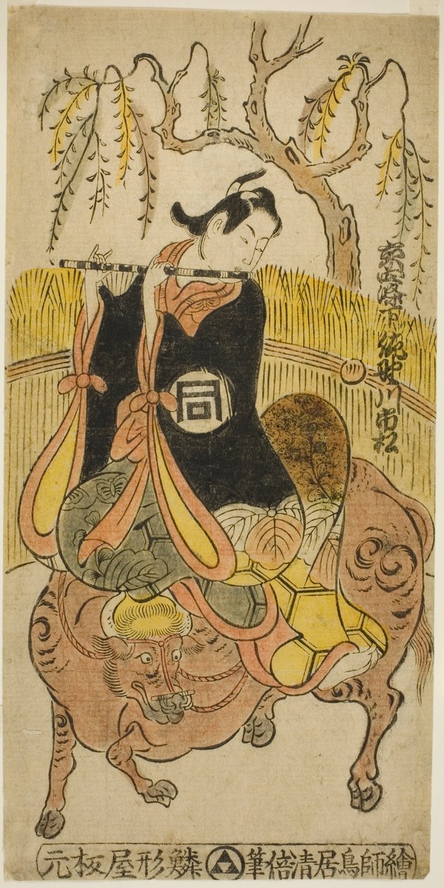 Skådespelaren Sanogawa Ichimatsu I som Kumenosuke i pjäsen "Na no Hana Akebono Soga", uppträdde på Nakamura Theatre under andra månaden, 1741 av Torii Kiyomasu II