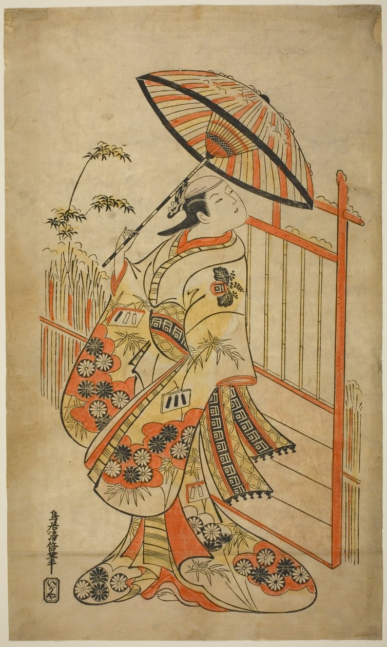 Skådespelaren Sanogawa Mangiku I som Sanada, dotter till spinnern Itoya, i pjäsen "Hiragana Yomeiri Izu Nikki", uppträdde på Nakamura Theatre i elfte månaden, 1718 av Torii Kiyomasu II