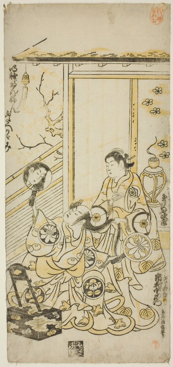 Skådespelarna Tamazawa Saijiro I som Oiso no Tora och Ichimura Uzaemon VIII som Soga no Juro i pjäsen "Haru wa Akebono Kuruwa Soga", uppfördes på Ichimura-teatern den första månaden, 1743 av Torii Kiyomasu II