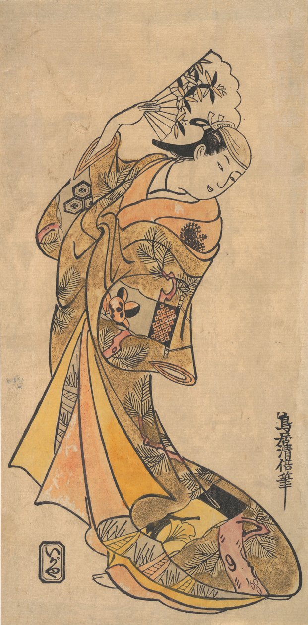 Skådespelaren, Nakamura Shichisaburo II, 1703-1774 som en kvinna med fan. av Torii Kiyomasu I