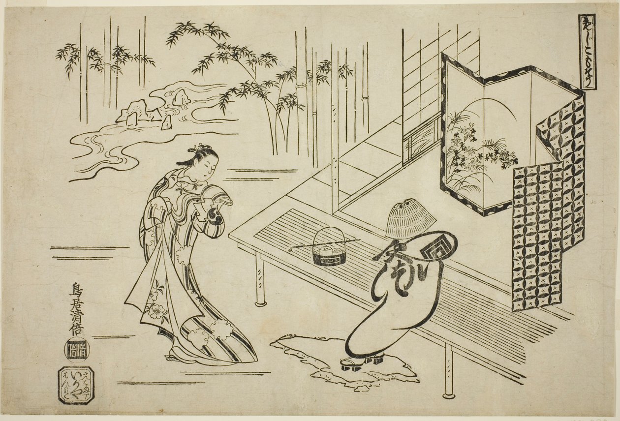 Skådespelarna Nakamura Takesaburo I som Kewaizaka no Shosho och Ichikawa Danjuro II som Soga no Goro klädde sig som en komuso i pjäsen "Bando Ichi Kotobuki Soga", som spelades på Nakamura Theatre under den första månaden, 1715 av Torii Kiyomasu I