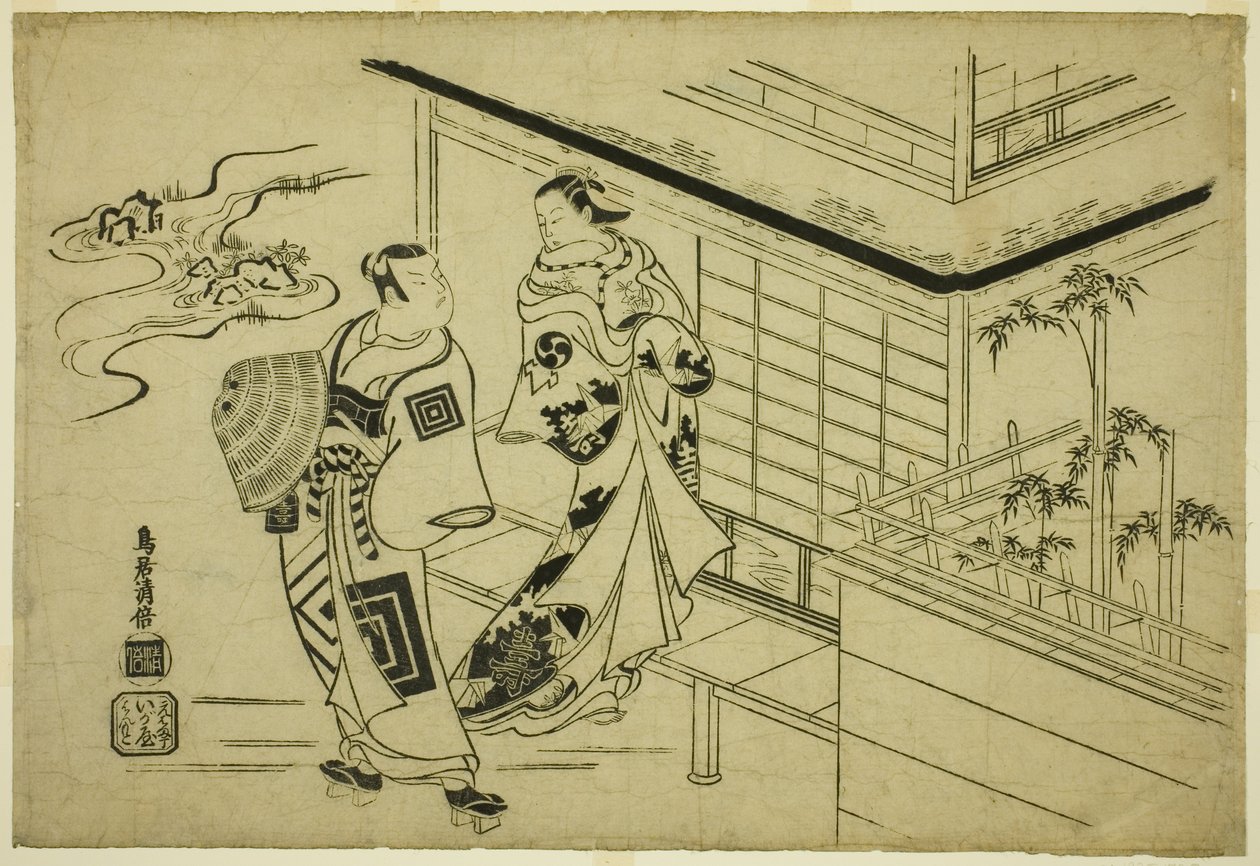 Skådespelarna Nakamura Takesaburo I som Kewaizaka no Shosho och Ichikawa Danjuro II som Soga no Goro i pjäsen "Bando Ichi Kotobuki Soga", uppfördes på Nakamura Theatre den första månaden, 1715 av Torii Kiyomasu I