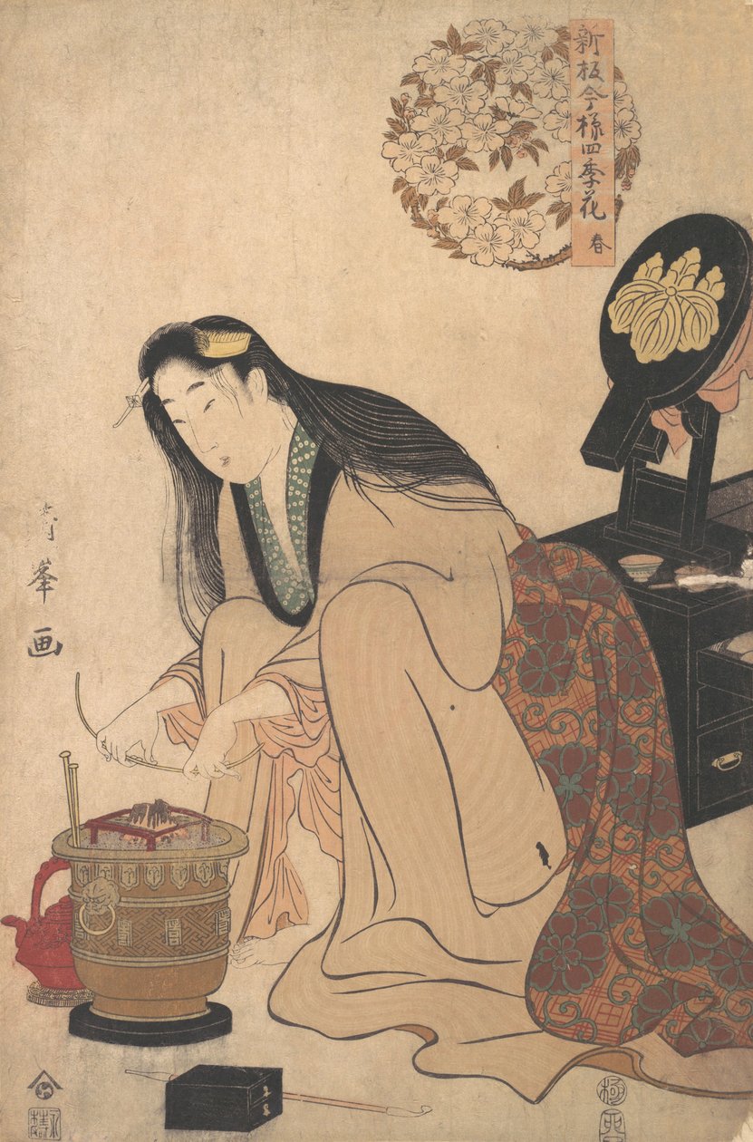 Damen arrangerar Binsashi-stöd för håret över templen för att sätta i håret, ca..., ca. 1808. av Torii Kiyomine