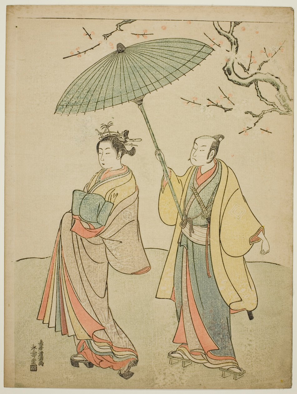 Skådespelarna Ichikawa Komazo I (L) och Nakamura Matsue I (R) av Torii Kiyomitsu I