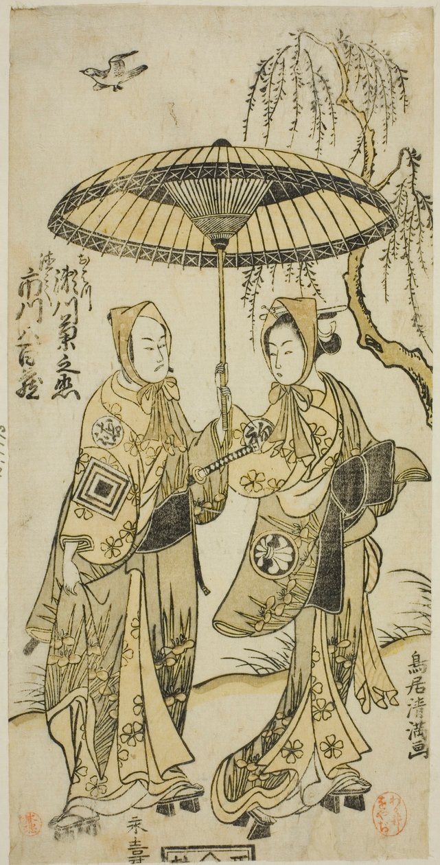 Skådespelarna Segawa Kikunojo II som Ohatsu och Ichikawa Yaozo II som hennes älskare Tokubei i pjäsen "Yoni Osaka Nitsui no Meoto", uppförd på Ichimura Theater under andra månaden 1767 av Torii Kiyomitsu I