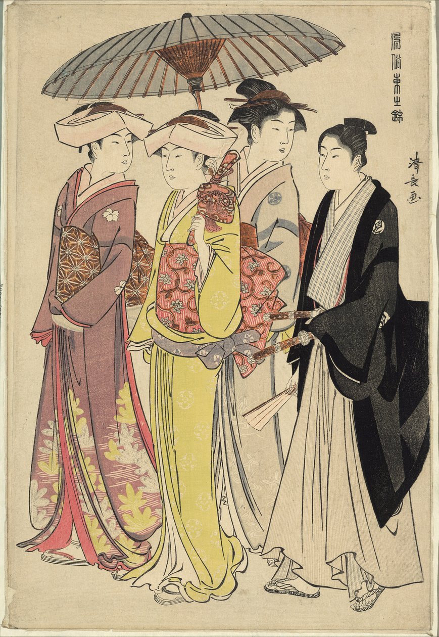 En dam med tre tjänare, från serien "A Brocade of Eastern Manners (Fuzoku Azuma no nishiki)" av Torii Kiyonaga
